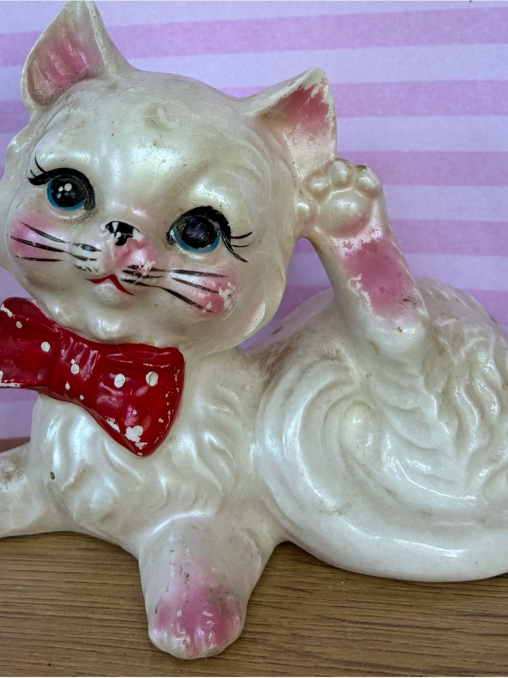 White Porcelain Cat Figurine with Red Bow - Vintage Figurine